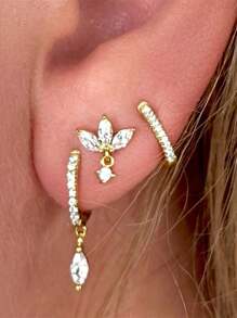 Juego de 3 pendientes asimétricos de plata de ley 925 con respaldo plano para cartílago y hélix, joyería fina para uso diario, bodas, fiestas, compromisos, aniversarios y San Valentín