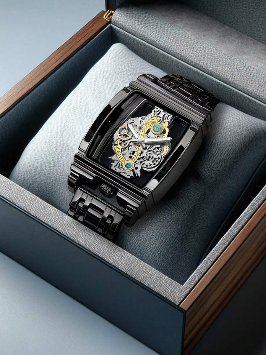 1pc Men's Gold-Color Zinc Alloy Hollow Quartz Battery Powered Formal Business Watch