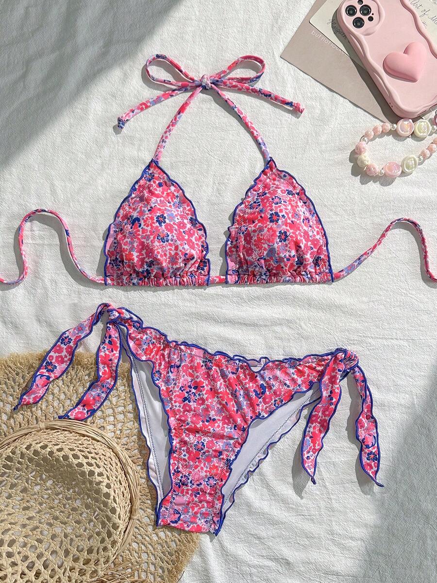 Women's Cute Floral Lace Pleated Bikini Two Pieces Set, Suitable For Summer Island Vacation Swimming