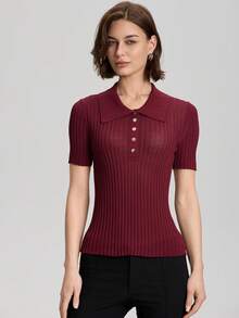Women Solid Color Polo Collar Knitted Ribbed Slim Fit Short Sleeve Knit Top - Burgundy - View 6