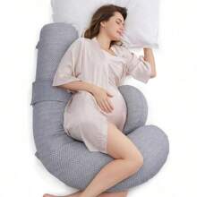 Grey F Shaped Pregnancy Pillow - With Adjustable Wedge - Full Body Support For Side Sleeping - With Air Layer Cover