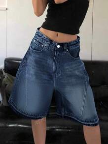 Women's Casual Washed Loose Pocket Rib Detail Mid-Length Denim Shorts