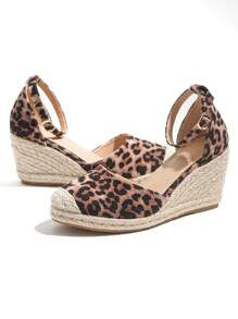 女士时尚坡跟鞋，针织封闭式鞋头，交叉松紧带细节 - 豹紋 - 查看 4