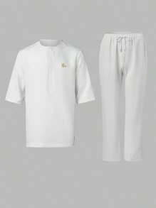 2 peças/Conjunto, Novo Visual Dashiki Masculino, Camisa de Manga Curta Branca com Bordado de Letra, Gola Redonda, Calça de Cintura Elástica, Estilo de Moda Africana, Conjunto de Camisa de Manga Curta Casual e Calça Masculino, Streetwear, Festa, Encontro, Casamento, Evento Cultural, Cerimônias Tradicionais