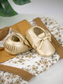 可爱、优雅、迷人的蝴蝶结弹性易穿金色流苏舒适婴幼儿鞋 - 金色 - 查看 4