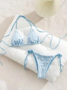 PEPPERMOLLY New Soft Fabric Blue Special Material Spaghetti Strap Backless Sexy Party Bikini Set, Summer Beach Fashion Women's Bikini - Blue - View 3