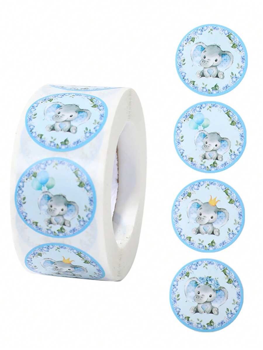 500张/卷 蓝色小象圆形贴纸，可爱小象标签，适用于性别揭晓派对、生日、节日派对、礼品包装、礼品袋封口、DIY日记本、杯子、计划本、购物/商业装饰、不干胶标签 - 藍色小象 - 查看 1