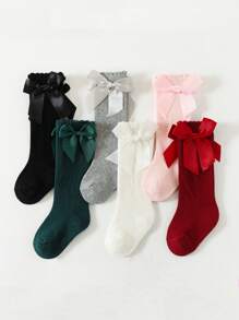 6 Pairs Baby Girl Over The Knee Socks, Long Leg Ribbed Stockings, Bowknot Accent, Solid Color, For Spring Autumn Wear, Ballet/Formal Dance - Multicolor - View 10