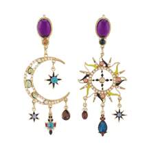 1 Pair Luxury Vintage Asymmetric Crystal Star & Moon Pendant Earrings, Suitable For Women To Wear On Holidays, Parties, Banquets