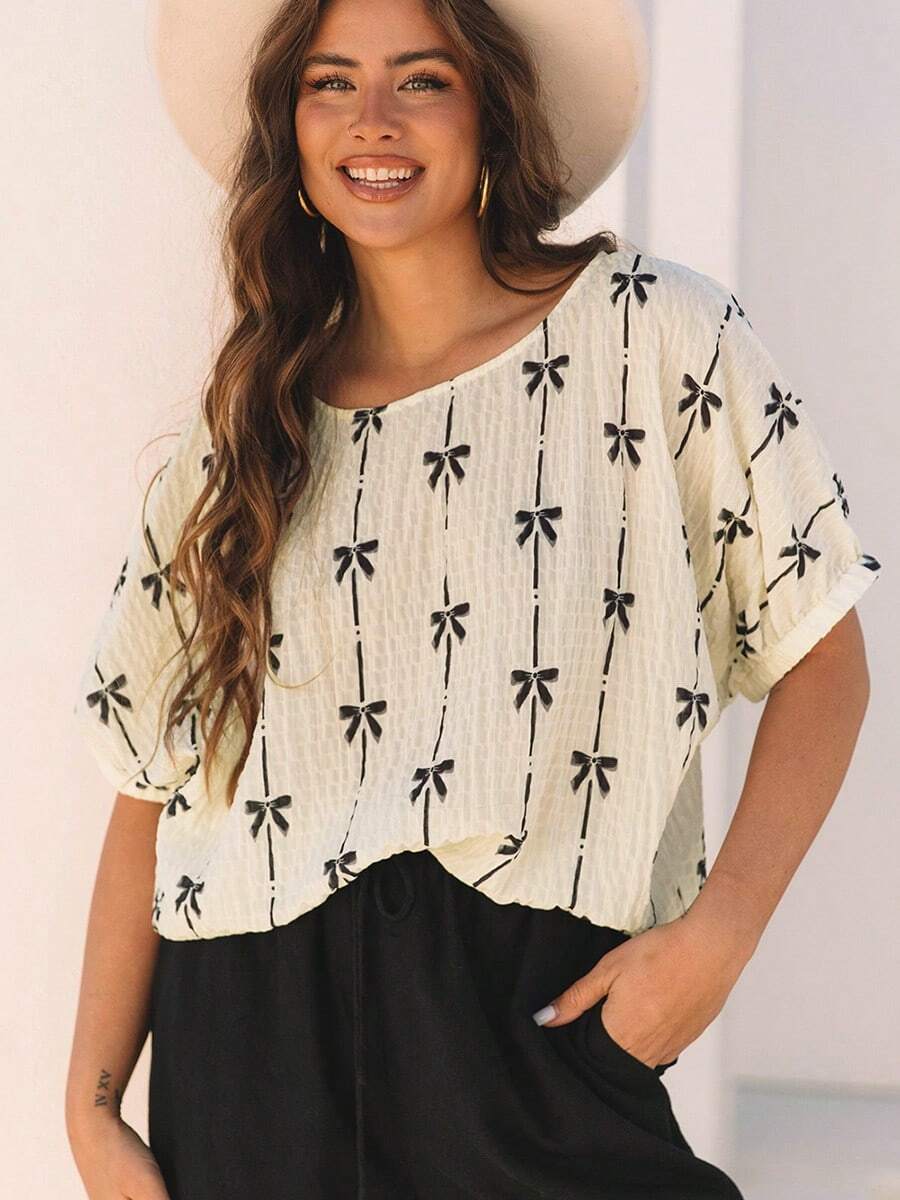 Scacto Pullover Round Neck Short Sleeve Top For Women Sweet Style Bowknot Print Chiffon Blouse For Women - Màu be - Xem 1