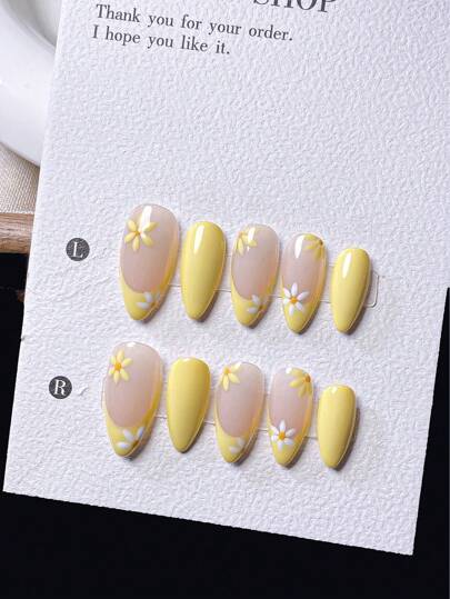 10 peças de unhas postiças francesas amarelas delicadas feitas à mão, pequenas margaridas, blush gradiente rosa, azul-celeste ondulado, estrela-do-mar esculpida em 3D floral, unhas postiças fofas e elegantes, adequadas para a primavera e o verão.