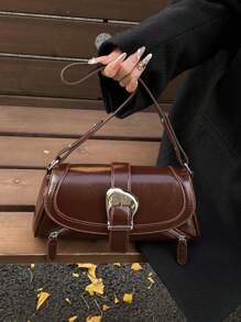 1pc Coffee PU Motorcycle Crossbody Bag, Niche Chic Sweet Hot Girl Design Shoulder Bag, High-End Quality Versatile Baguette Handbag