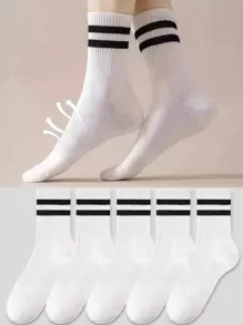 32pcs/24pcs/20pcs/18pcs/12pcs/6pcs/4pcs/2pcs Women Crew Neck Socks, Shark Design & Striped Casual Knee High Socks, Thick & Soft, White Color, Suitable For Casual, Sport, Office Wear, All Seasons