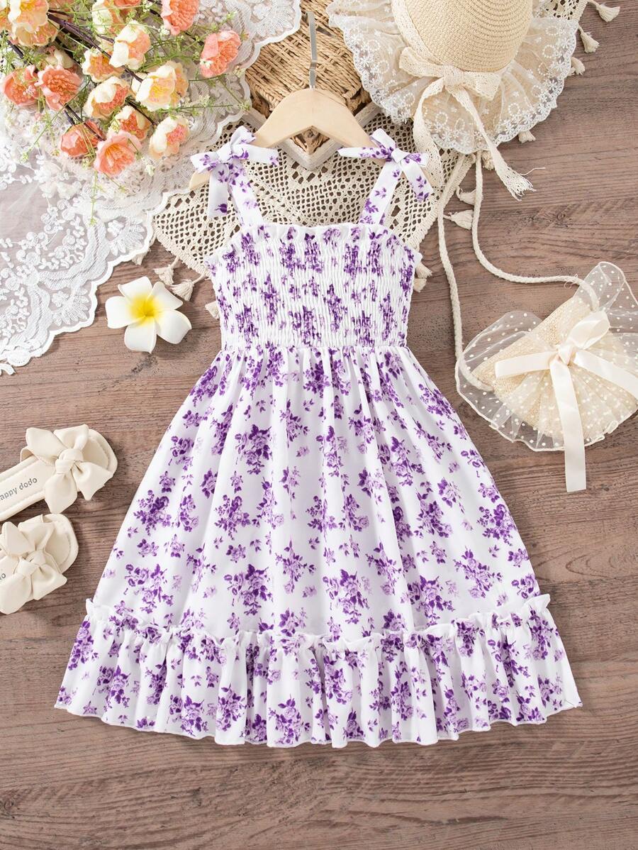 Young Girl Flower Print Sleeveless Bowknot Ruffle Hem Dress - Purple - View 1