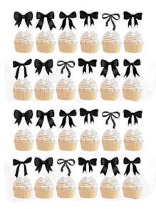 24 stuks zwarte strik cupcake toppers verjaardagsfeestdecoraties, strik verjaardag cupcake toppers, vrijgezellenfeest bruiloft decoraties, zwarte strik cake smash foto rekwisieten