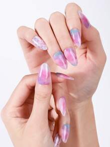 20 件半固化凝胶指甲贴纸，春夏款粉色美人鱼海妖水晶指甲自粘式全套指甲套装附带 1 个指甲锉，需要紫外线灯，易于涂抹和去除，适合女性和女孩日常 DIY 使用美甲用品 - 彩色 - 查看 3