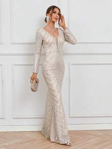 亮片长袖紧身美人鱼晚礼服优雅正式舞会婚礼宾客礼服，适合毕业典礼、晚宴派对礼服 - 銀色 - 查看 6