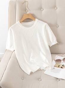 GIGOGOU 新款女士夏季针织T恤，基础款舒适休闲短袖上衣 白色 - 白色 - 查看 5