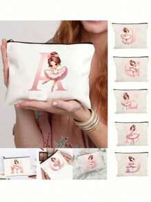 1 Stück niedlicher Ballett Mädchen 26 Buchstaben Initialen Muster Leinwand Kosmetiktasche Aufbewahrungstasche, Geschenk mit Ballett Mädchen Motiv für Mädchen, großvolumige leichte Reise-Kulturtasche - Muttertagsgeschenk, einzigartiger Aufbewahrungsbeutel, Kosmetiktasche, Urlaubsgeschenktasche