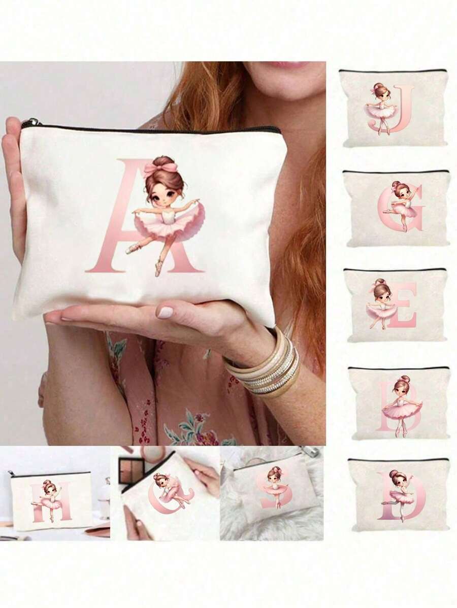 1 Stück niedlicher Ballett Mädchen 26 Buchstaben Initialen Muster Leinwand Kosmetiktasche Aufbewahrungstasche, Geschenk mit Ballett Mädchen Motiv für Mädchen, großvolumige leichte Reise-Kulturtasche - Muttertagsgeschenk, einzigartiger Aufbewahrungsbeutel, Kosmetiktasche, Urlaubsgeschenktasche