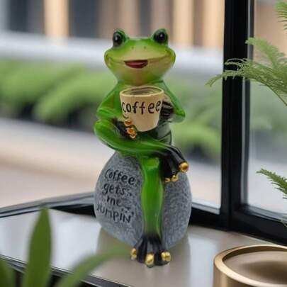 Resin Frog Statue Sitting On Stone, Outdoor Garden, Yard, Preschool Lawn Decor, American-Style Home And Indoor/Outdoor Decorative Sculpture, Gift For Best Friend