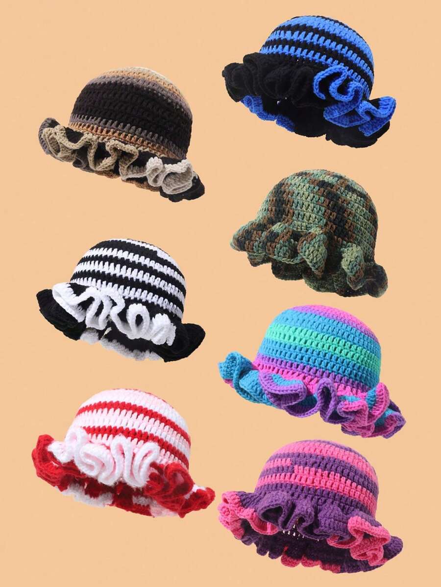 1pc Unisex Handmade Knitted Bucket Hat With Ruffles, Suitable For All Seasons, Holidays - Multicolor - View 1