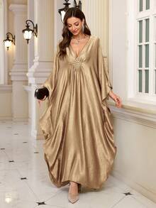 Elegant Women's Gold Satin Kaftan Robe, Batwing Sleeve Casual Dress Eid Spring - 杏色 - 查看 8