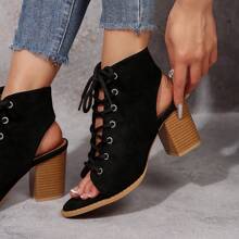 Women's Fashion Peep Toe Lace-Up Thick Heel Black Sandals, Versatile & Heightening