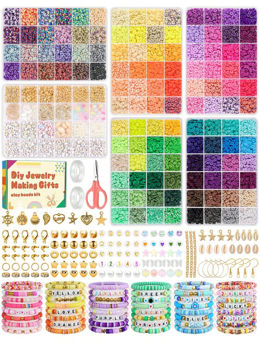 12,000pcs+ Accessory Beads Bracelet Polymer Clay Bead Set, Flat Round Shape, Includes Spacers, Pendants, Charms, Letters, And Stretchy Cord For Jewelry Making, Great For Carnival, Back To School, Birthday Party DIY Crafts - Polymer Clay - View 1