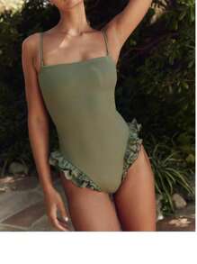 Women Monokini Bathing Suit Solid Color Spaghetti Strap Ruffles Sleeveless Swimsuits Summer Swimwear Bikini - Green - View 2