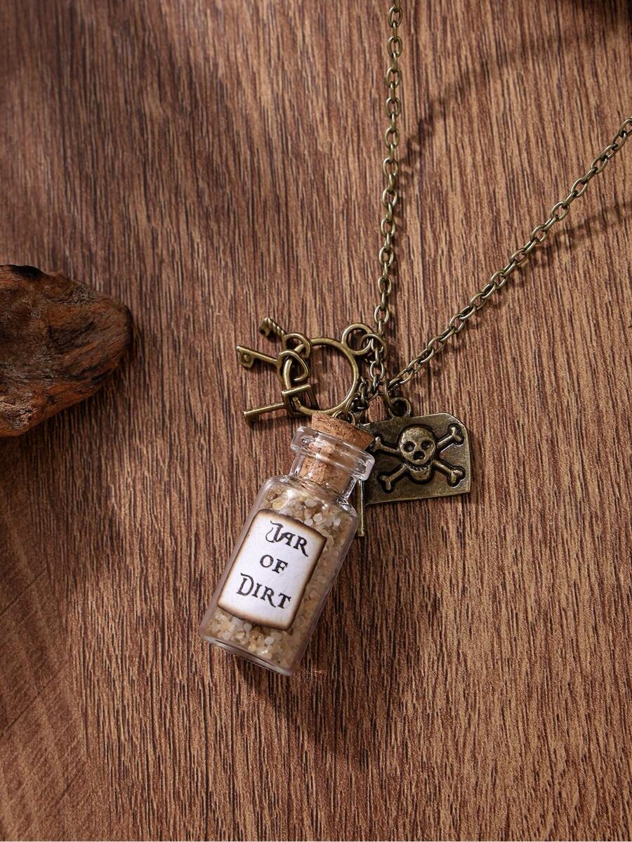 1pc Pirate Treasure Jar Of Dirt Glass Bottle Necklace With Skull And Crossbones Flag Charm, Caribbean Inspired, Suitable For Daily Wear