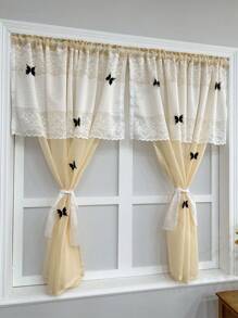 1pc Khaki Sheer Lace Curtain With Black Butterfly And Floral Pattern - Classic Princess Style, Suitable For Kitchen, Small Windows, Cafes And Door Decoration, Sheer And Washable With Rod Pocket