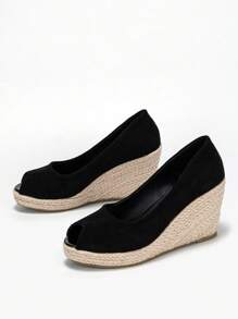 2025 年春夏女士时尚舒适坡跟编织厚底露趾凉鞋 - 黑色 - 查看 6