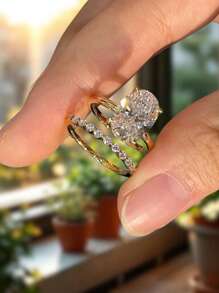 2pcs Set S925&925 Sterling Silver 2ct Oval Shape Set Elegant For Women Dating Party Ring Anniversary Occasion Exquisite Women's Jewelry Gift - Ring Set - View 3