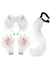 Fox Wolf Ears Headband Furry Tail Plush Cat Paw Mittens Gloves Set Halloween Party Cosplay Costumes Accessories, Rave