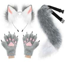 Fox Wolf Ears Headband Furry Tail Plush Cat Paw Mittens Gloves Set Halloween Party Cosplay Costumes Accessories, Rave