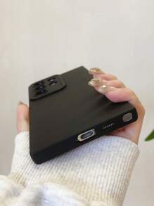 1pc Black Minimalist Solid Color Phone Case, Lens Protection Phone Case Compatible With IPhone & Galaxy - Black - View 5