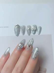 10 件手工按压式假指甲假指甲贴指甲贴纸腮红指甲饰短指甲假指甲指甲钻脚趾甲鸭指甲指甲胶长指甲指甲油凝胶指甲油聚凝胶水钻装饰指甲用品指甲 - 粉色 - 查看 5