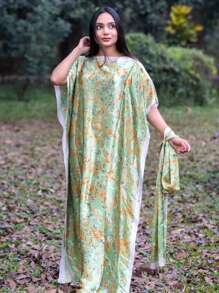 1 套女士新款仿丝条纹花卉印花海滩度假比基尼罩衫和头巾，非常适合旅行和日常使用 - 长袍、头巾