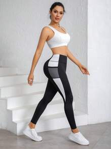 Women's High Waist Contrast Color Pocket Casual Fitness Leggings Sports - Black - View 5