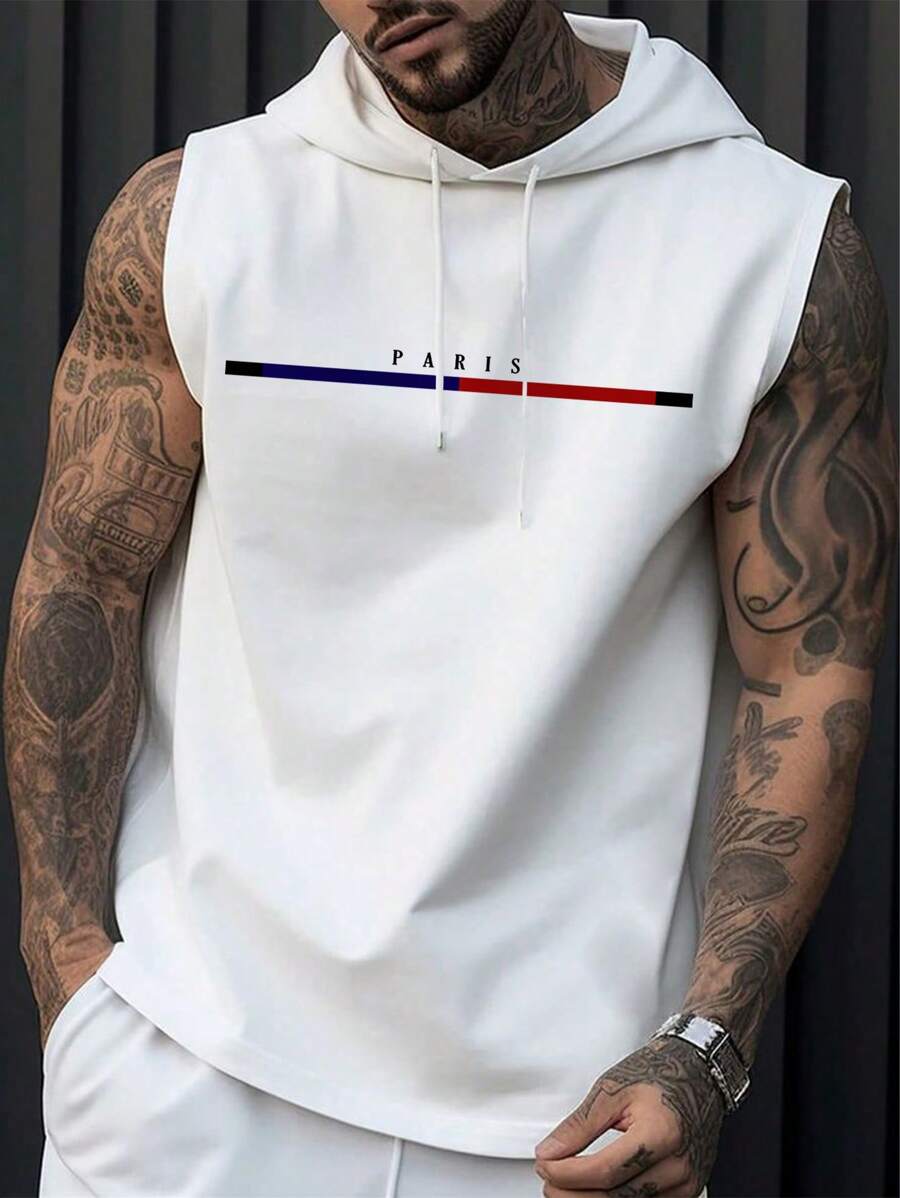 男士夏季时尚百搭休闲简约字母印花连帽背心 - 白色 - 查看 1