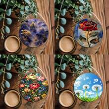4pcs Natural Vibrant Floral Pattern Themed Wooden Anti-Slip, Heat-Resistant, Protective Table Mats, Suitable For Library Decor Or Theme Party