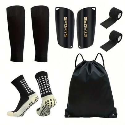 5-Piece Soccer Sports Gear Set With Silicone Grip Football Socks, Shin Guards, Protective Gear, Drawstring Backpack And Sports Tapes - Polyester And Elastane Knitted Tube Socks Solid Color Hand And Machine Washable