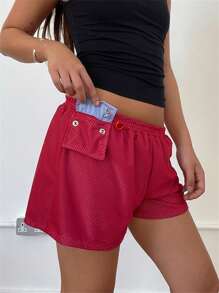 Womens Wide Leg Mesh Shorts Casual Elastic Waist Flap Pocket Solid Color Shorts Going Out Shorts