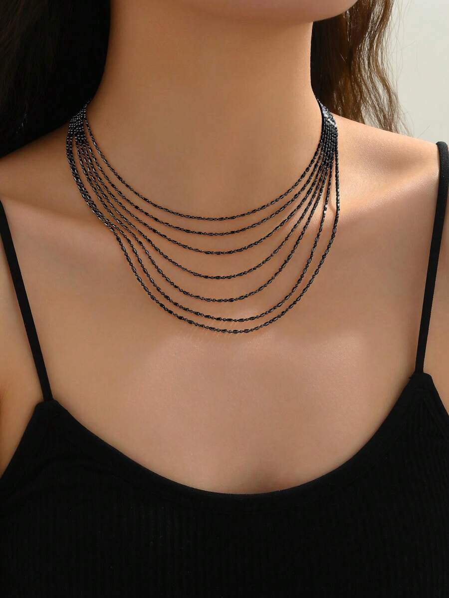 1 件时尚多层球形链项链，简约、实用、多功能 - 黑色 - 查看 1