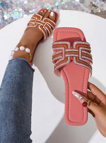 Sandales plates de luxe scintillantes à strass pour femmes, nouvelles sandales casual à bride en forme de tongs à talon plat confortable et bout rond, convient pour le printemps/été - Rouge - Voir 1