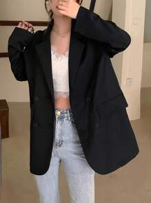 Solid Color Oversized Drop Shoulder Long Sleeve Blazer