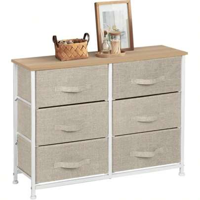 Chest Of Drawers, 6 Fabric Drawers Storage Unit With Wooden Top And Metal Frame, Cloth Storage Organizer For Bedroom Living Room Closet Hallway, Grey
