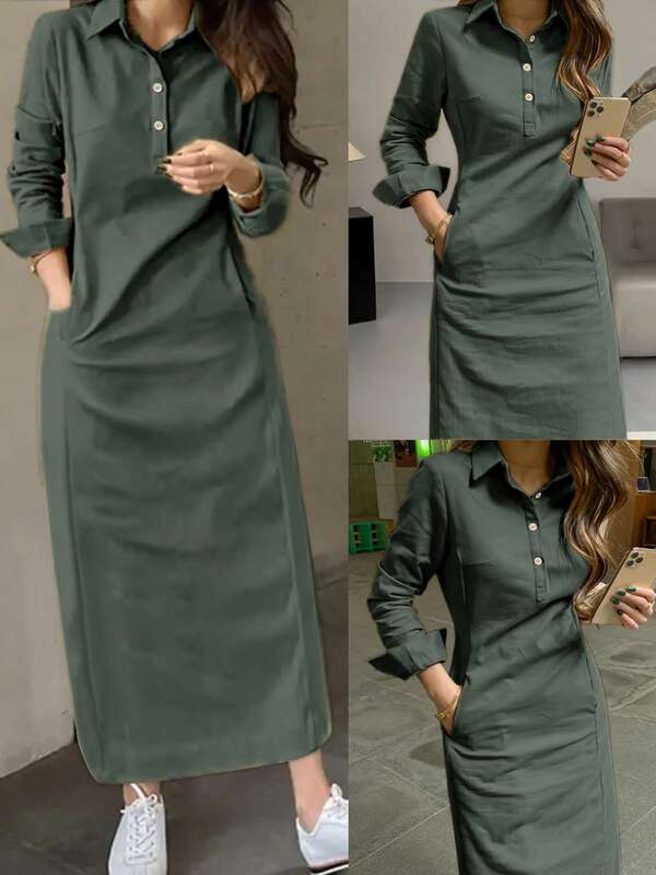 Spring And Autumn New Fashion Elegant Lapel Button Long Sleeve Women's Arabic Dress