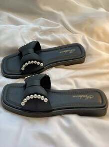 1 Pasang Sandal Wanita Model Flat Ujung Persegi dengan Hiasan Pita dan Mutiara, Serbaguna untuk Dipakai di Musim Semi/Panas, Cocok untuk Pantai, Resor, Pernikahan, dan Pesta - Hitam - View 8